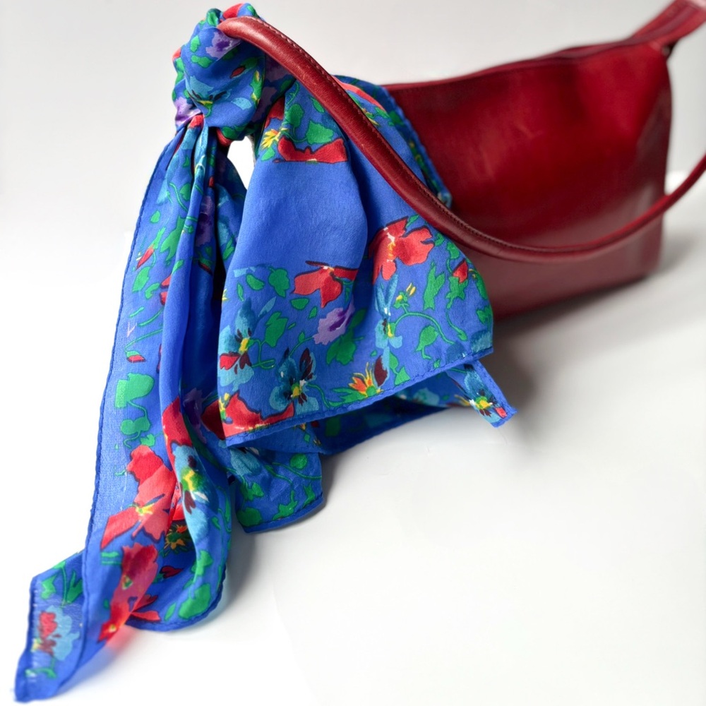Vintage Bill Blass‎ Silk Bright Florals Blue Square Scarf